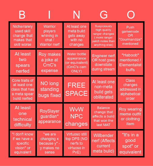 PVP Balance Patch Bingo Card