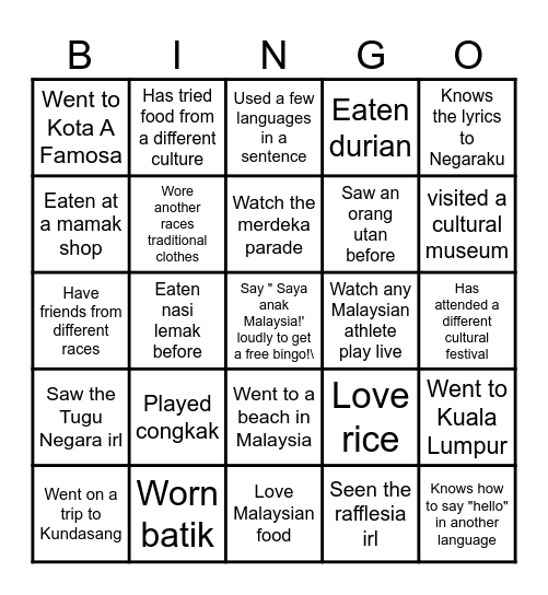 Malaysian Bingo Card