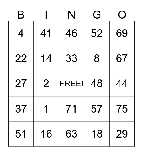 Bunco Bingo Card