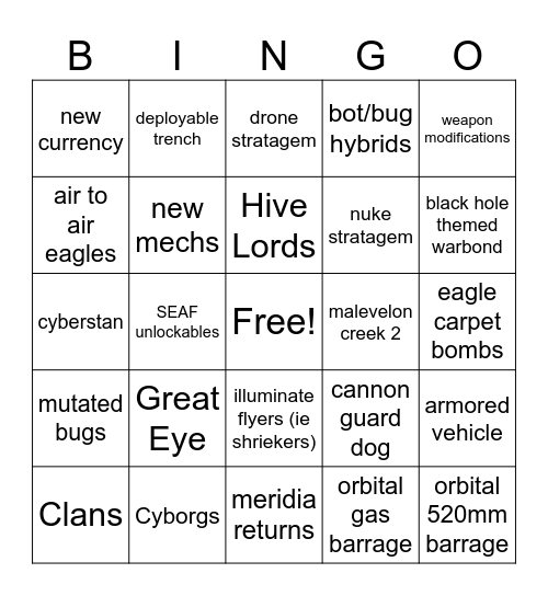 HD2 Bingo Card
