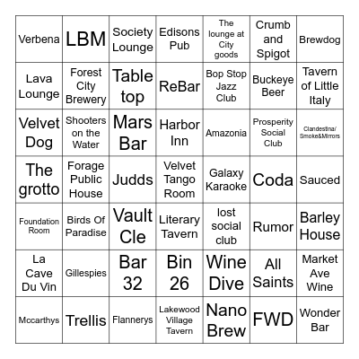 2025 Bars Bingo Card
