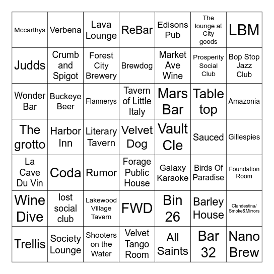 2025 Bars Bingo Card