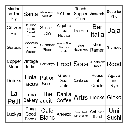 2025 Food Bingo Card