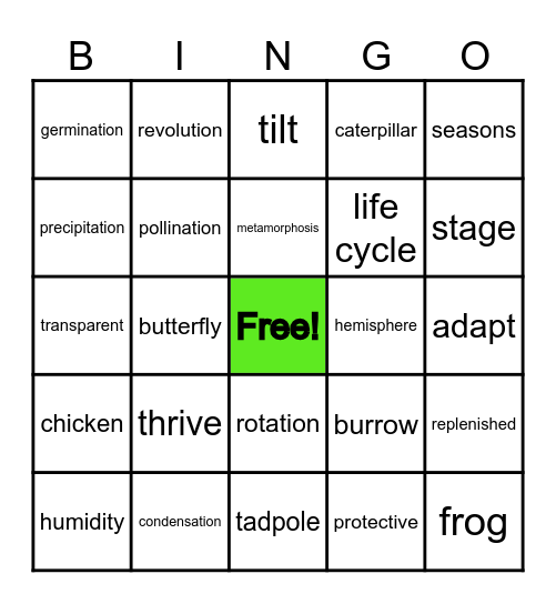 Cycles in Nature Bingo Card