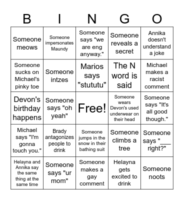 Trip Bingo Card