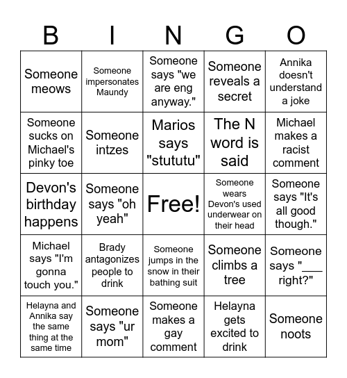 Trip Bingo Card