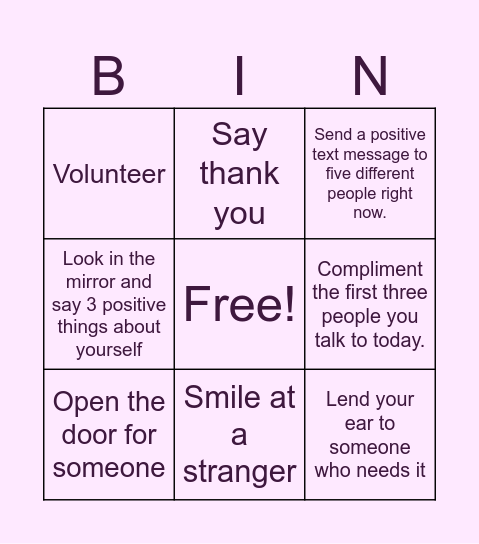 Random Acts of Kindness Bingo Card