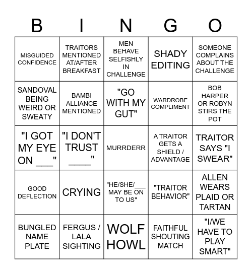 TRAITORS - EPISODE 5 Bingo Card
