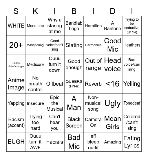 Discord Audition Bingo Card