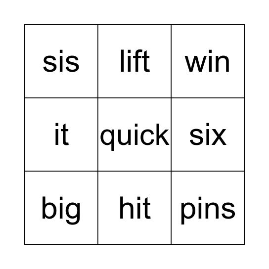 Letter I Words Bingo Card