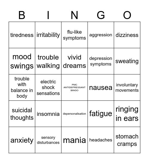 antidepressants withdrawal Bingo Card