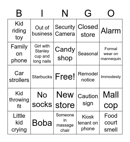 Mall Bingo Card