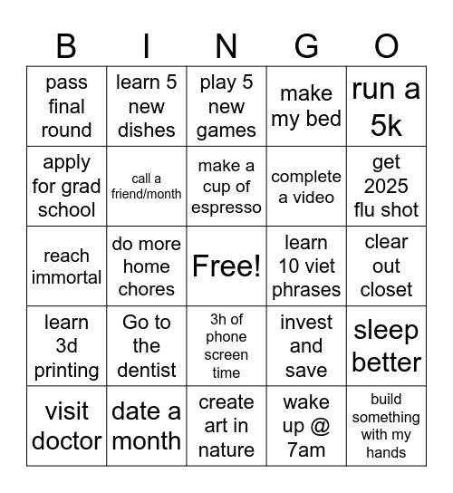 Derek's 2025 Bingo Card Bingo Card