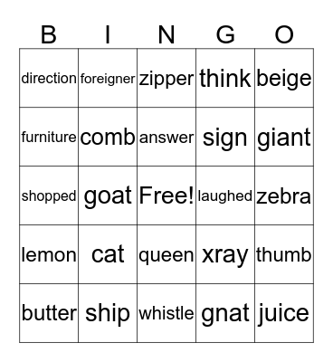 Vocabulary Bingo Card