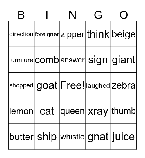 Vocabulary Bingo Card