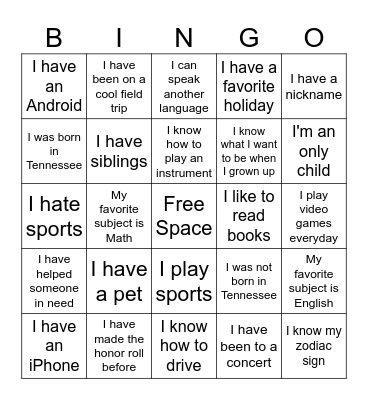 Get To Know You Bingo Card