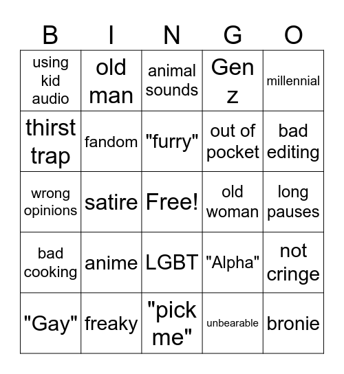 Cringe comp Bingo Card