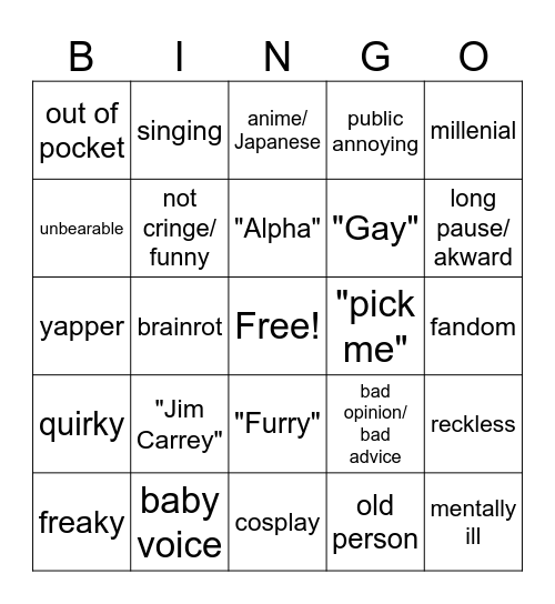 Cringe Bingo Card