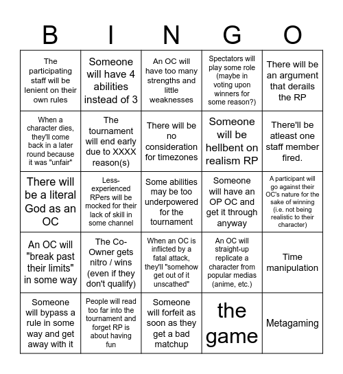 CRP Tournament Predictions Bingo Card