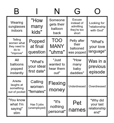 Pop The Balloon Bingo Card