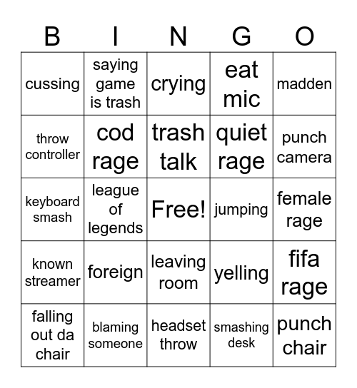 gamer rage Bingo Card