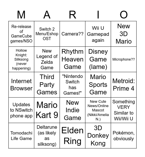 My Nintendo Switch 2 Predictions Bingo Card! Bingo Card
