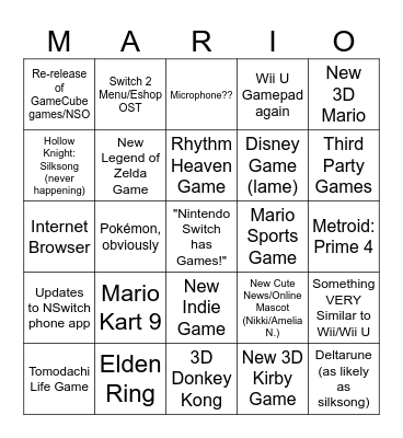 My Nintendo Switch 2 Predictions Bingo Card! Bingo Card