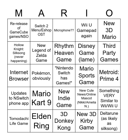 My Nintendo Switch 2 Predictions Bingo Card! Bingo Card