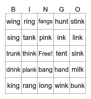 End Consonants Bingo Card