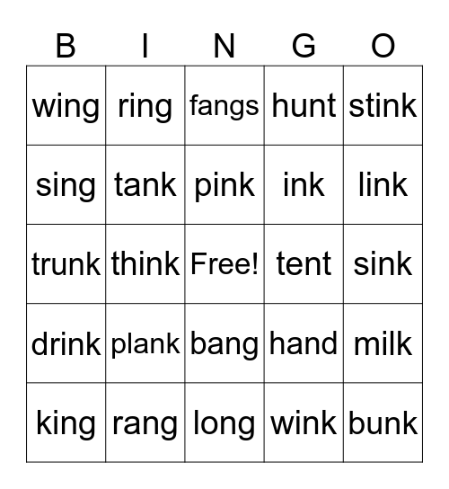 End Consonants Bingo Card