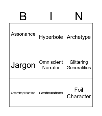 English A Vocab Bingo Card