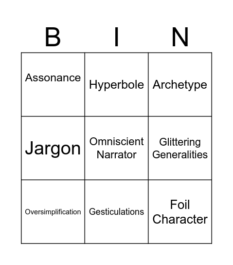 English A Vocab Bingo Card