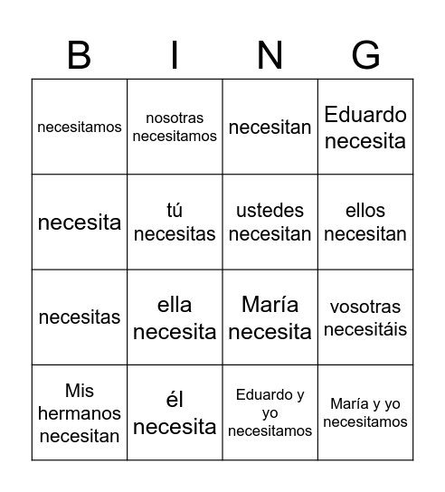 necesitar Bingo Card