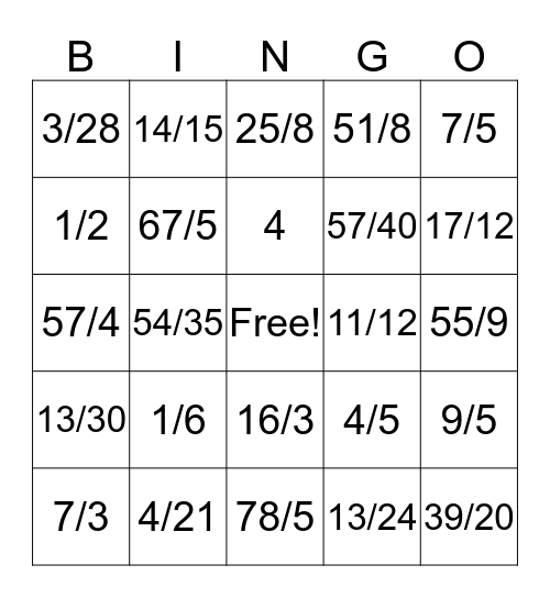 Fraction Bingo Card