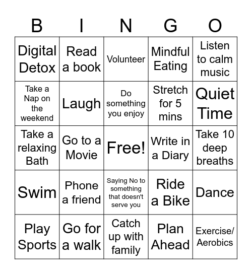 STRESS MANAGEMENT Bingo Card