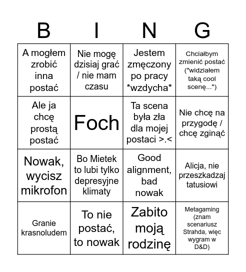 Nowak Bingo Card