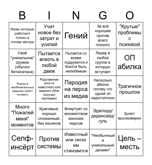 Мери Сью Bingo Card