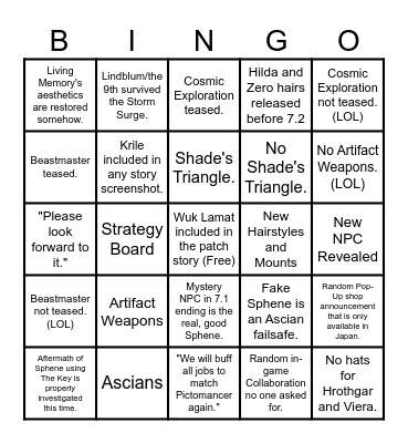 FFXIV 7.2 Live Letter Bingo Card