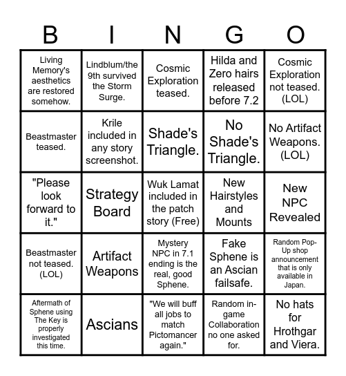 FFXIV 7.2 Live Letter Bingo Card