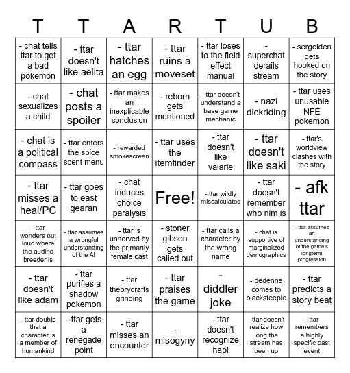 ttar bingo Card