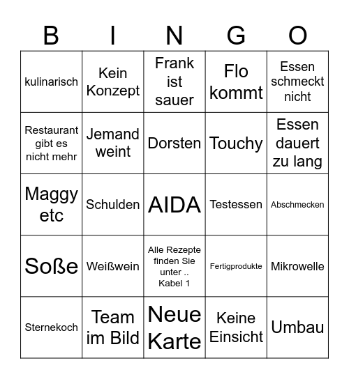 Rosin's Restaurant Bingo Card