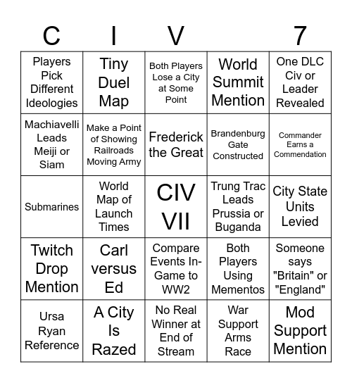Civilization VII Multiplayer Stream Bingo Card