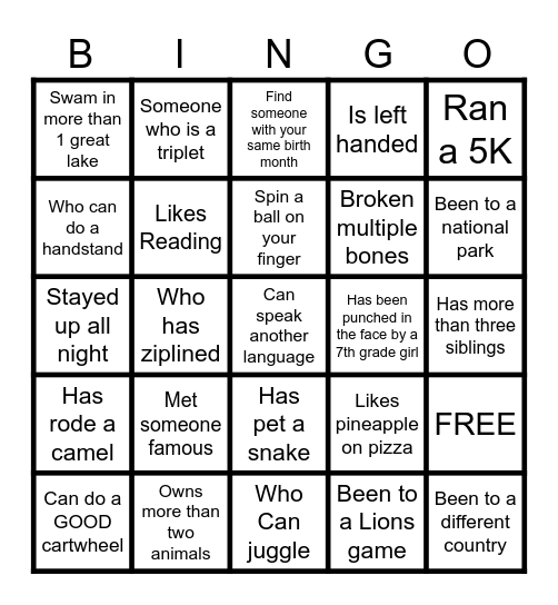 Classroom Bingo Card