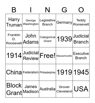 AP Government Bingo Card