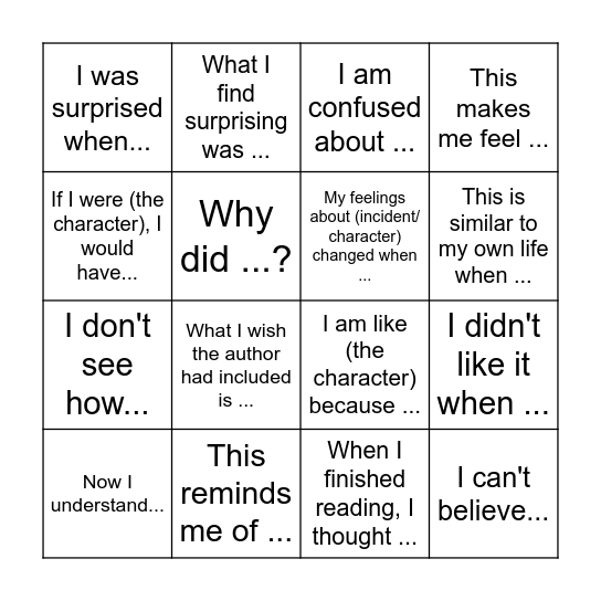 BINGO! Reader Response (Deep Annotation) Bingo Card