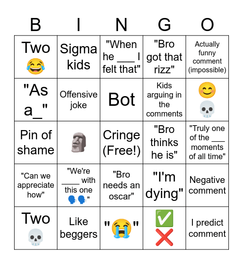 YouTube short bingo Card