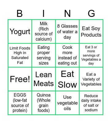 Healthy Eating Habits Bingo Card