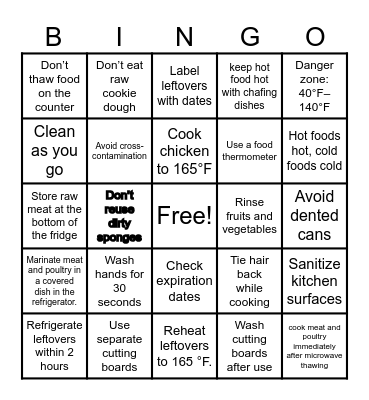 Food Safety Bingo Card
