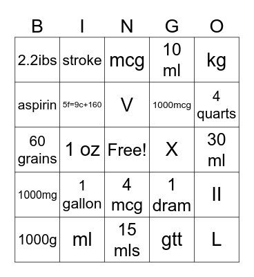 medical math Bingo Card