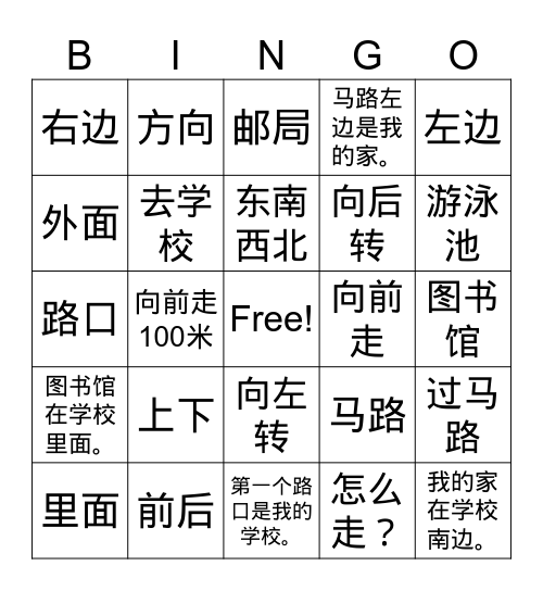 directions Bingo Card